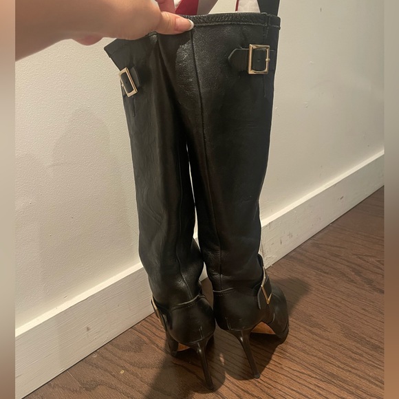 Jimmy Choo Black Biker Distressed Leather
Unlined Knee Length Boots - Picture 3 of 8